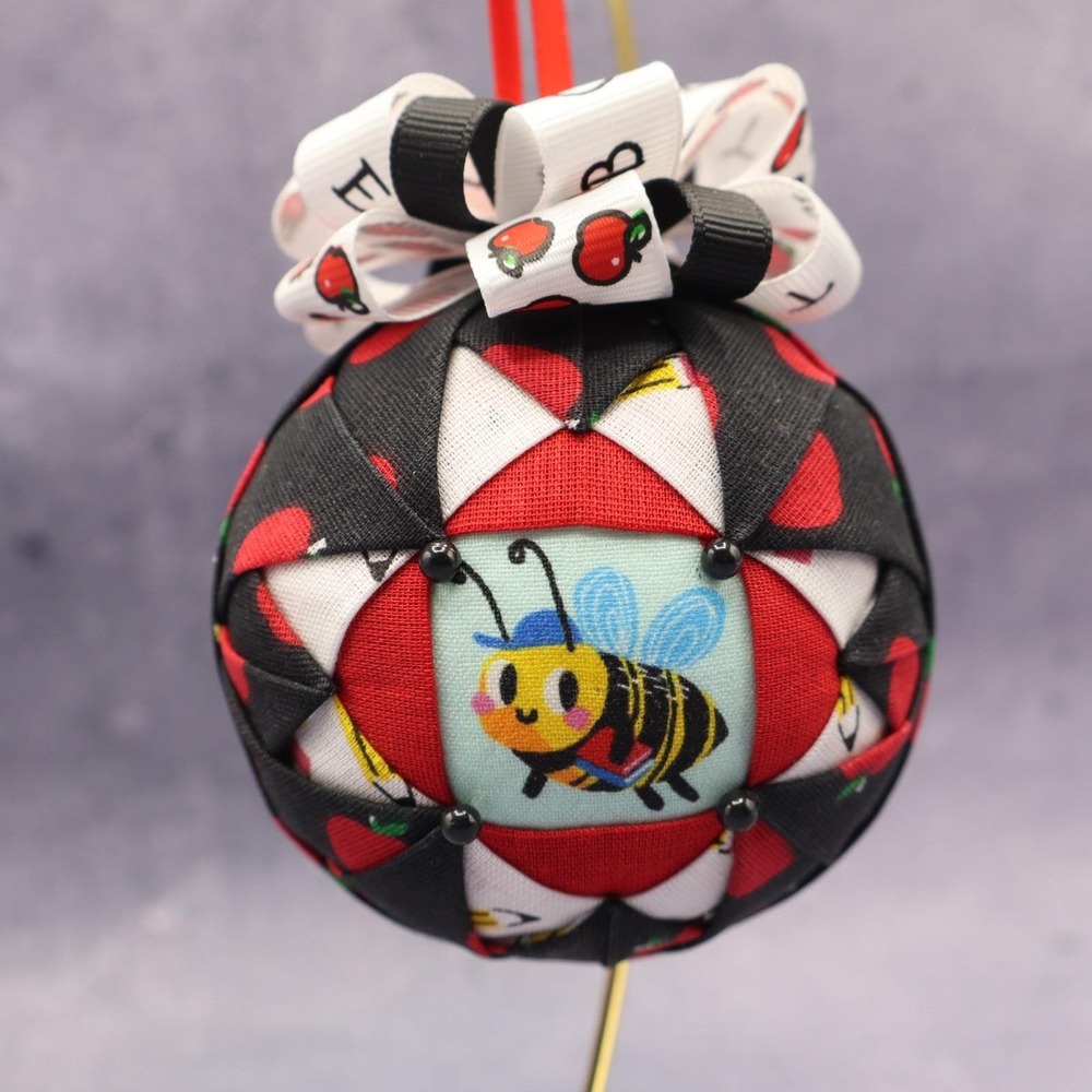 Bee School Teacher Christmas Tree Ornament 3" Hand Crafted Quilted Folded Star
